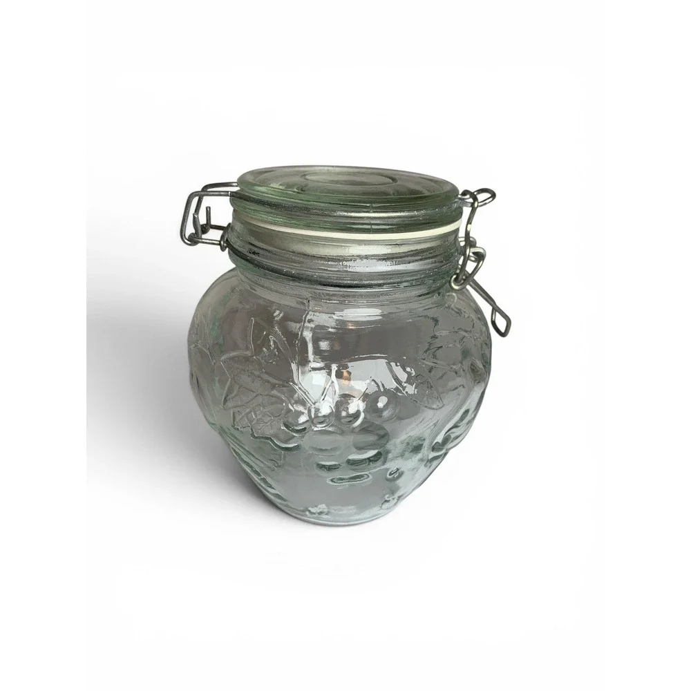 Vintage 70s Green Tint Glass Jar Embossed Fruit Pattern Wire Bail Hermetic‎ Lid